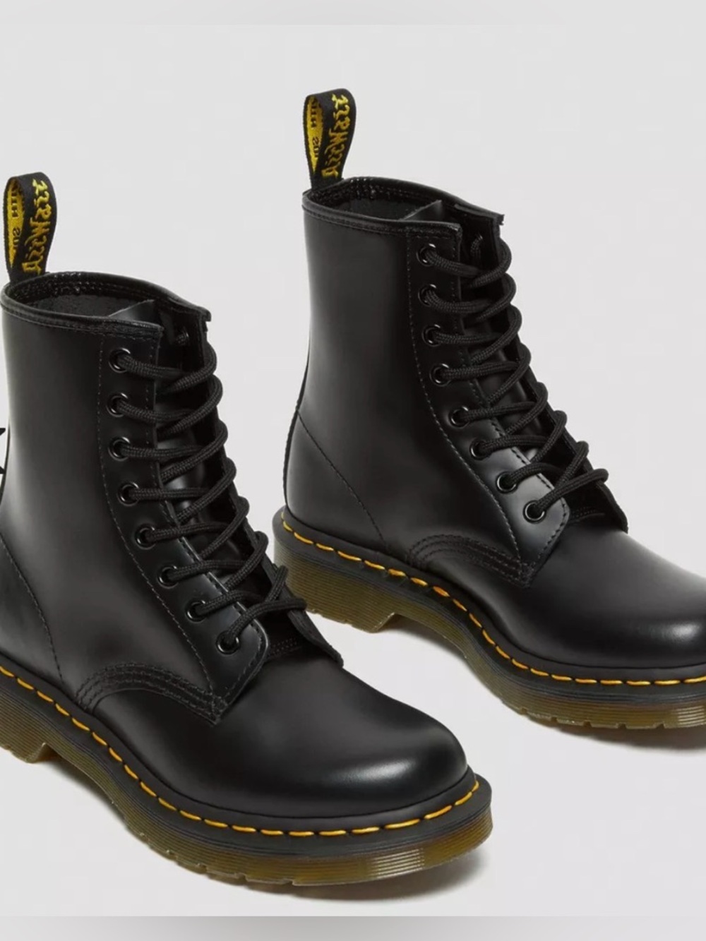 Dr. Martens Black Leather 8-Eye Lace-Up Boots with Yellow Stitching